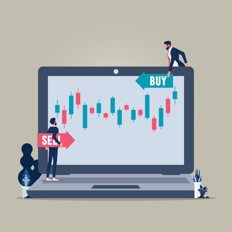 businessman analysis stock market on laptop, choice  buy or sell price goal direction vector