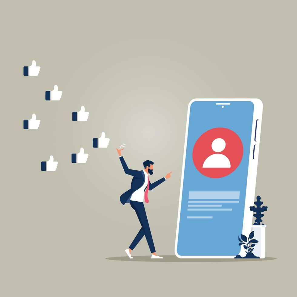 businessman indicates a group of like symbols to follow him, Social media marketing vector concept