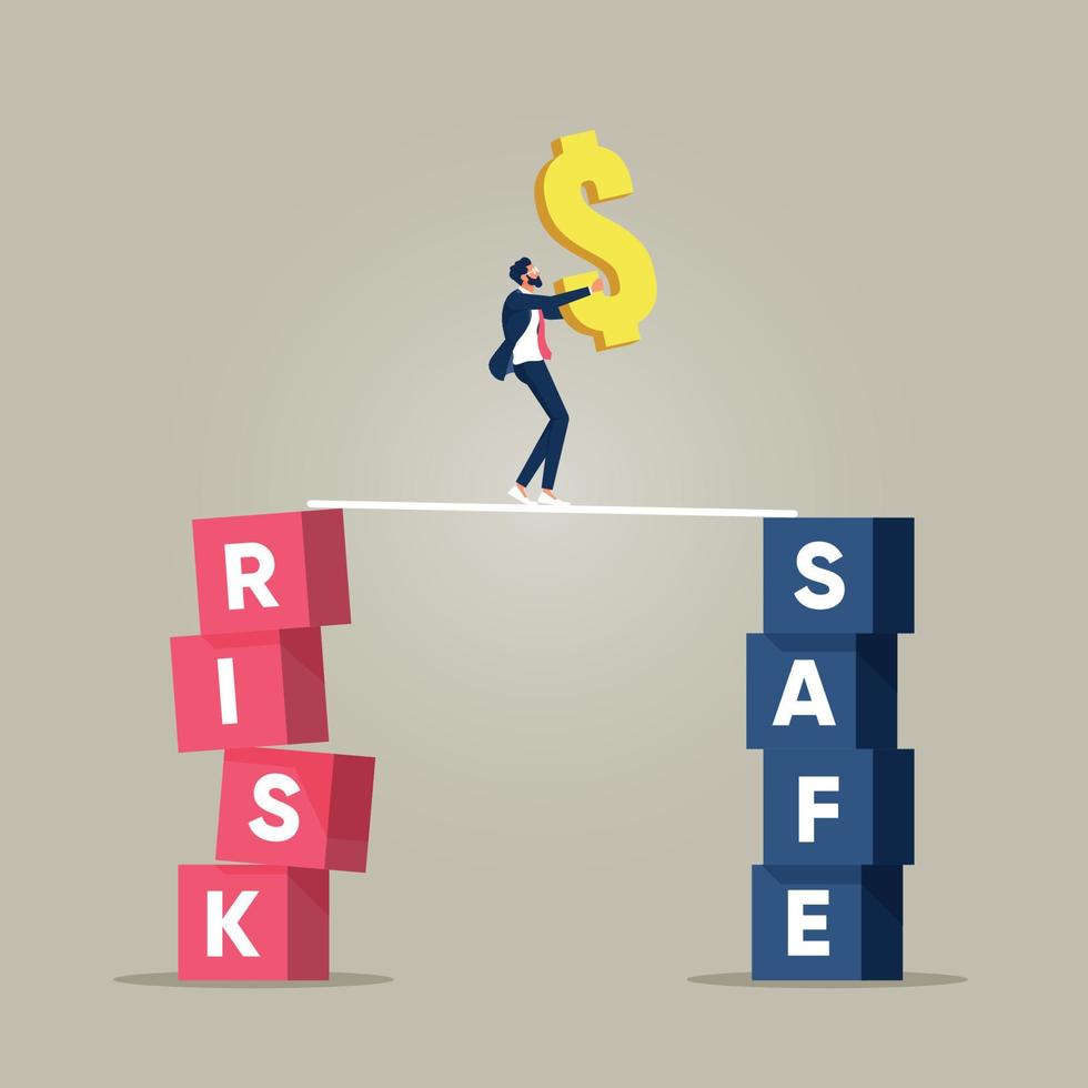 Take a risk or safety concept, businessman balance dollar sign and walk away from risk to safety vector
