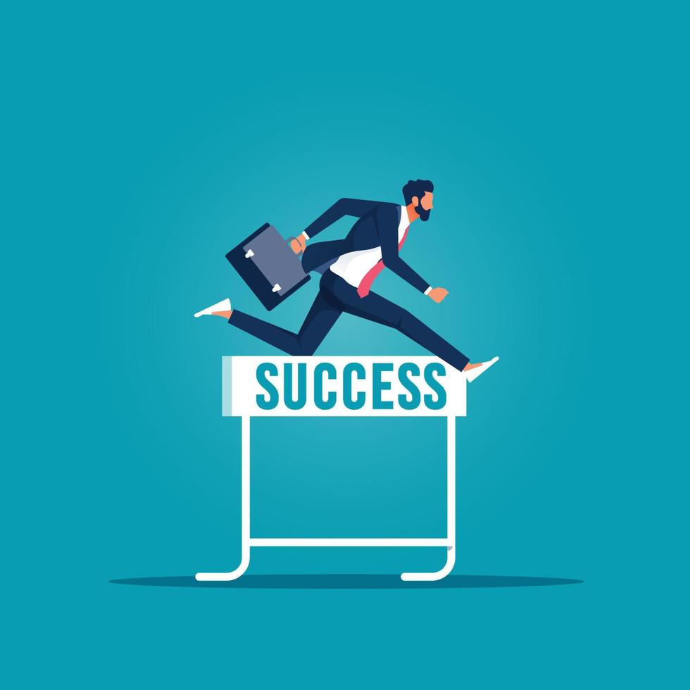 Businessman Jumps Over Hurdle with success word, Solve problems to success concept vector