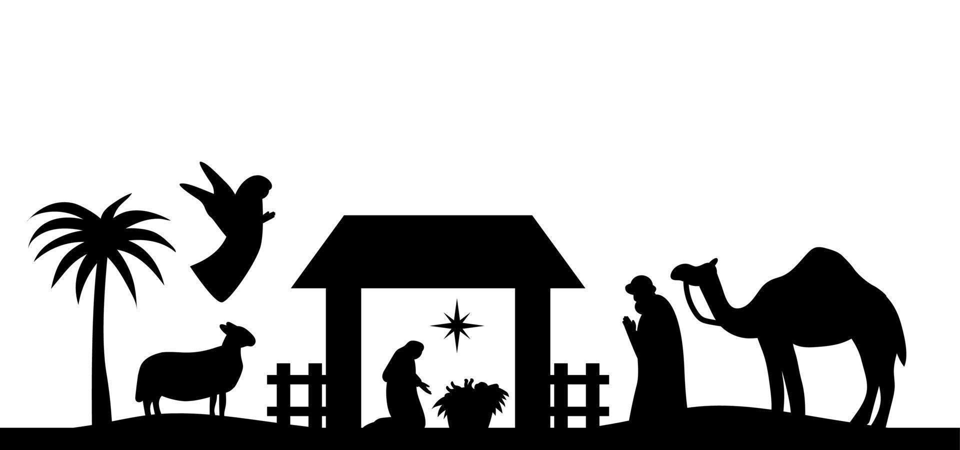 Holy night of birth of child jesus christ silhouette scene from religion christianity nativity scene. Biblical Religious History of Catholics. Cut for scrapbooking and print. Vector illustration.