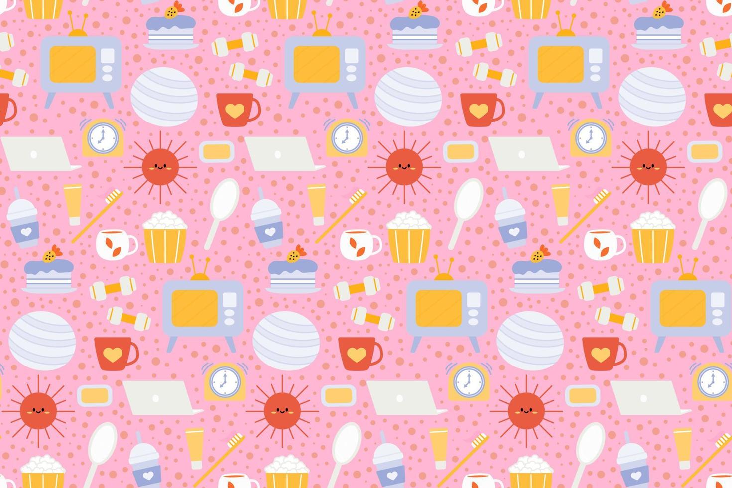 Seamless repeating pattern with cozy household items. Morning and evening routine. Vector illustration.