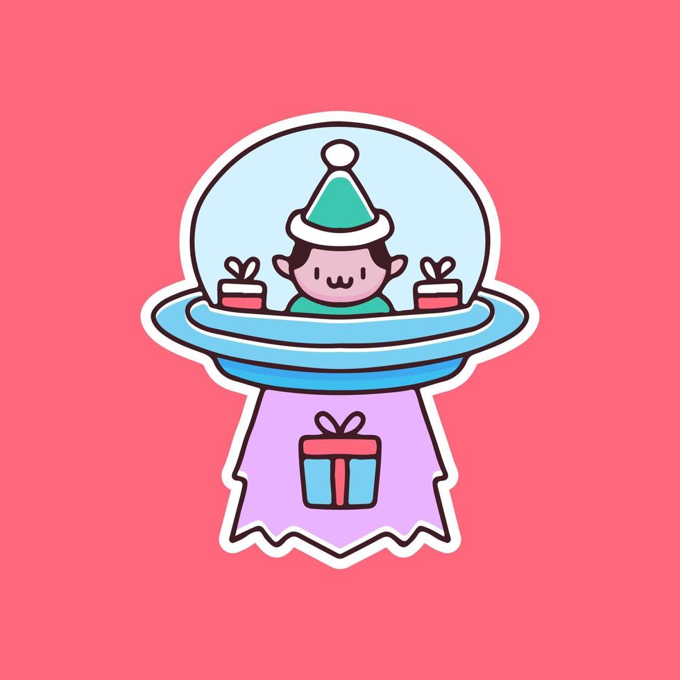 Kawaii elf ride spaceship and bring Christmas gift illustration. Vector graphics for t-shirt prints and other uses.