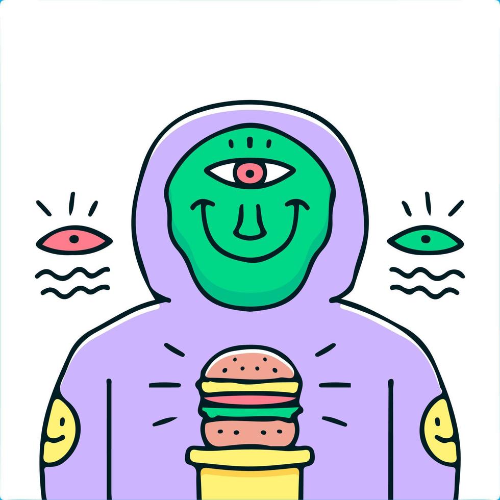 Hip hop alien in hoodie with burger illustration. Vector graphics for t-shirt prints and other uses.