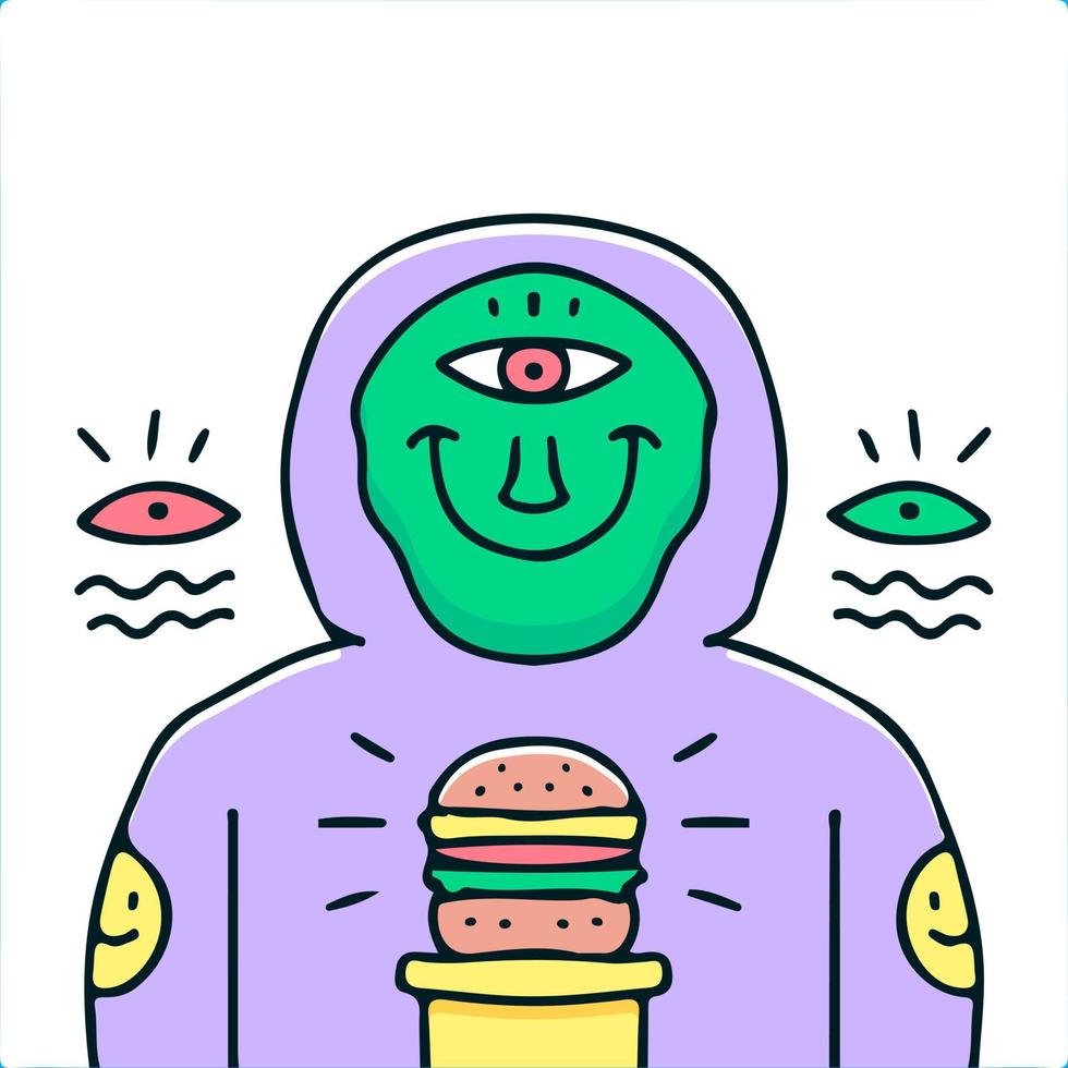 Alien de hip hop en sudadera con capucha con ilustración de hamburguesa. gráficos vectoriales para estampados de camisetas y otros usos. vector