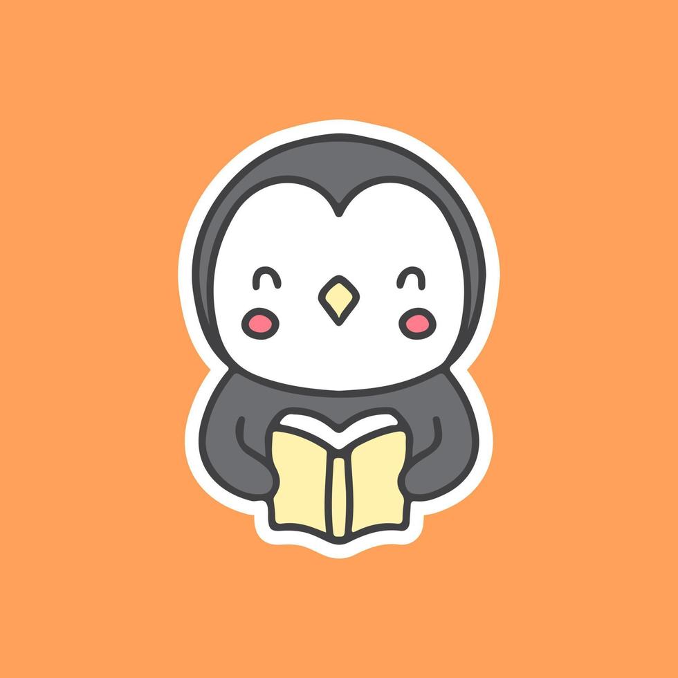 Kawaii penguin reading a book illustration. Vector graphics for merch prints and other uses.