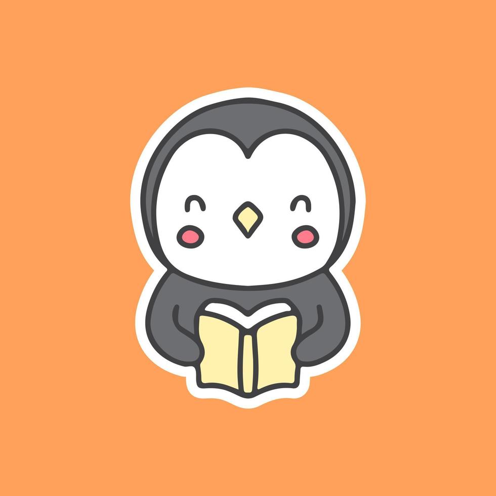 Kawaii penguin reading a book illustration. Vector graphics for merch prints and other uses.