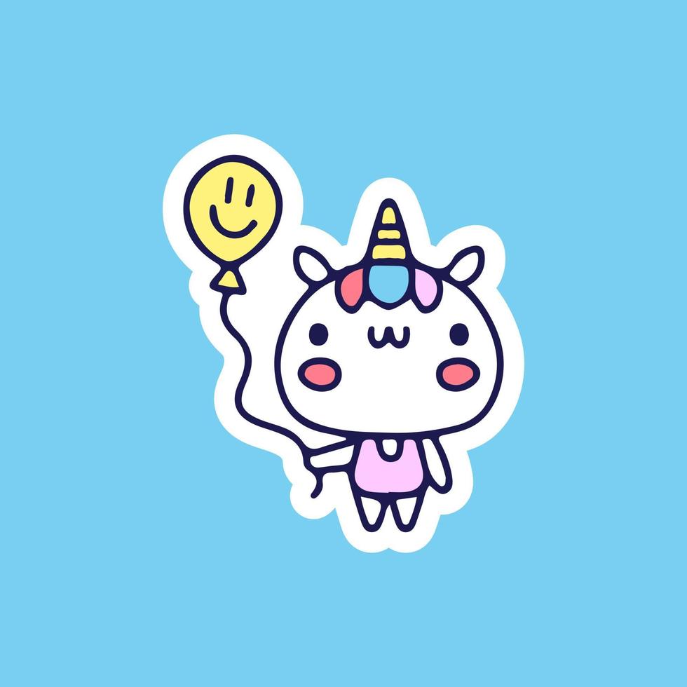 Kawaii unicorn holding cute balloon illustration. Vector graphics for t-shirt prints and other uses.