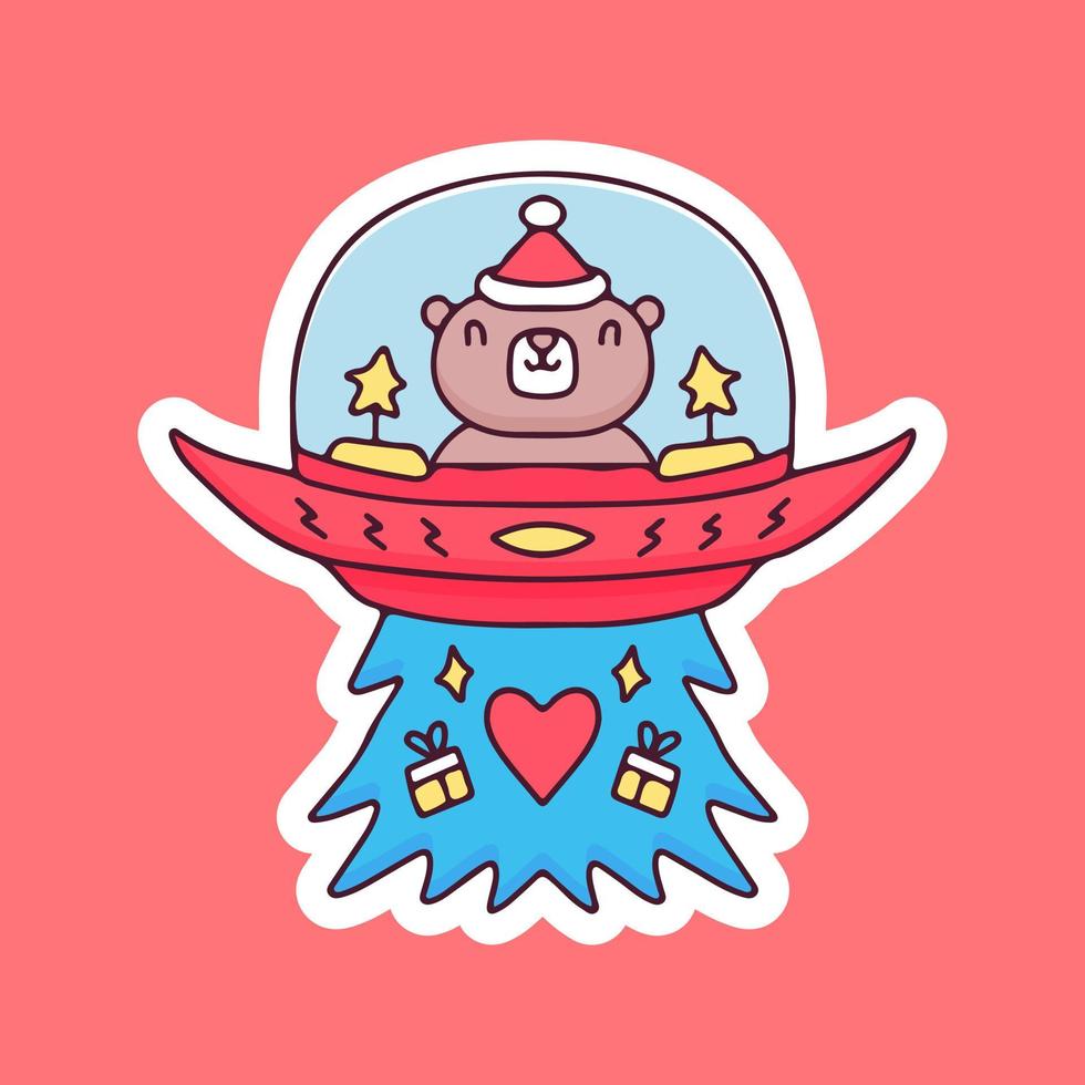 oso kawaii usa nave espacial de paseo de sombrero de santa con ilustración de regalo de navidad. gráficos vectoriales para estampados de camisetas y otros usos. vector