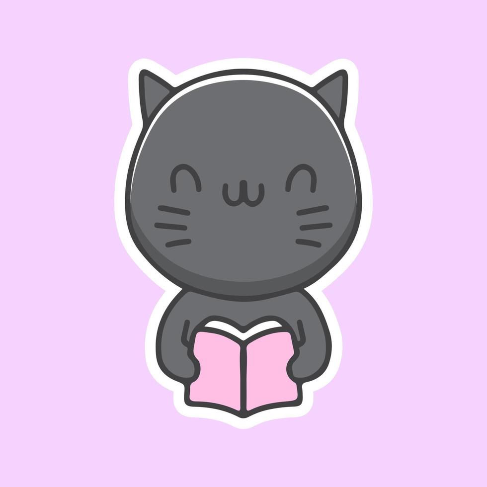 Kawaii gato negro leyendo una ilustración de libro. gráficos vectoriales para estampados de camisetas y otros usos. vector