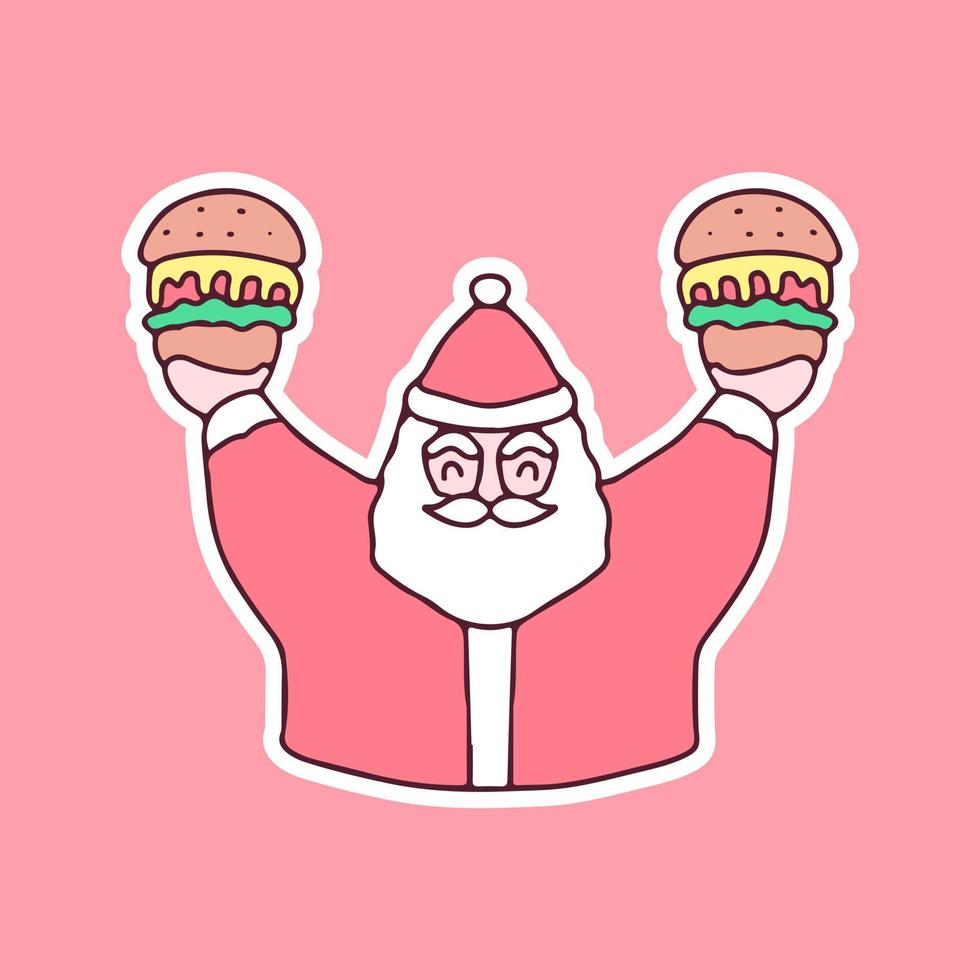 Happy Santa Claus holding burgers illustration. Vector graphics for merch prints and other uses.