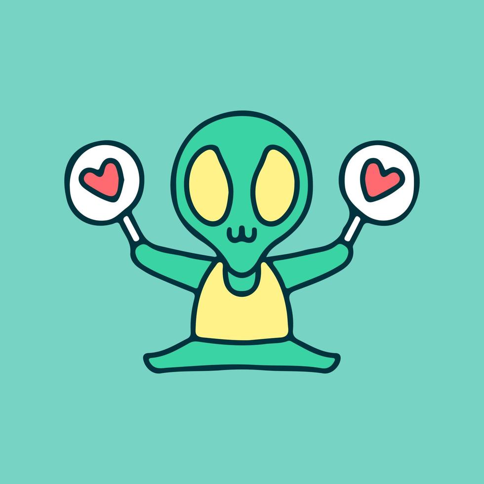 Funny alien holding love sign illustration. Vector graphics for t-shirt prints and other uses.