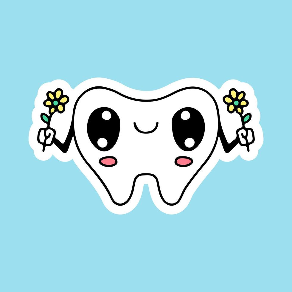 Cute Teeth mascot holding sunflowers illustration. Vector graphics for sticker prints and other uses.