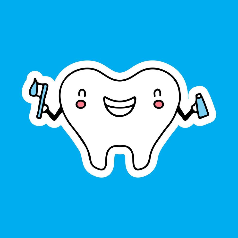 Mascota linda de los dientes que sostiene la pasta de dientes y la ilustración del cepillo de dientes. gráficos vectoriales para impresiones de calcomanías y otros usos. vector
