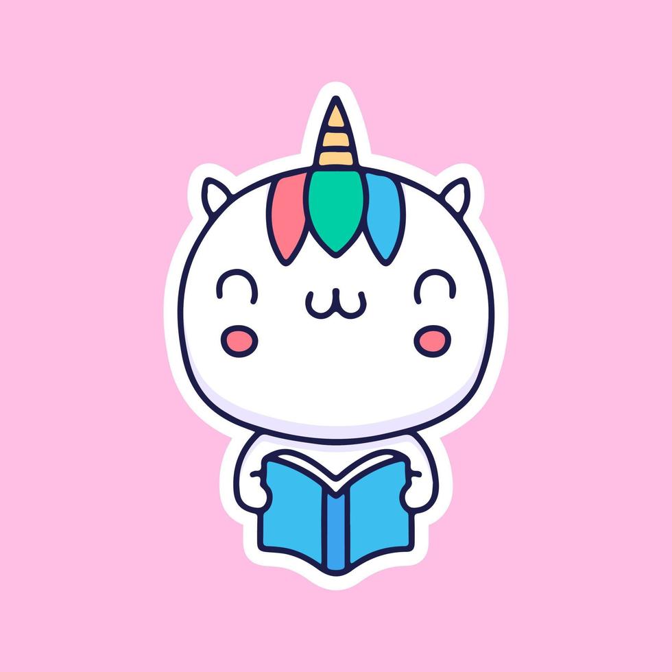 Cute unicorn reading a book illustration. Vector graphics for merch prints and other uses.