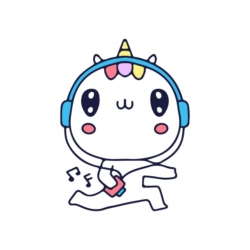 Unicornio kawaii escuchando música con ilustración de auriculares. gráficos vectoriales para estampados de camisetas y otros usos. vector