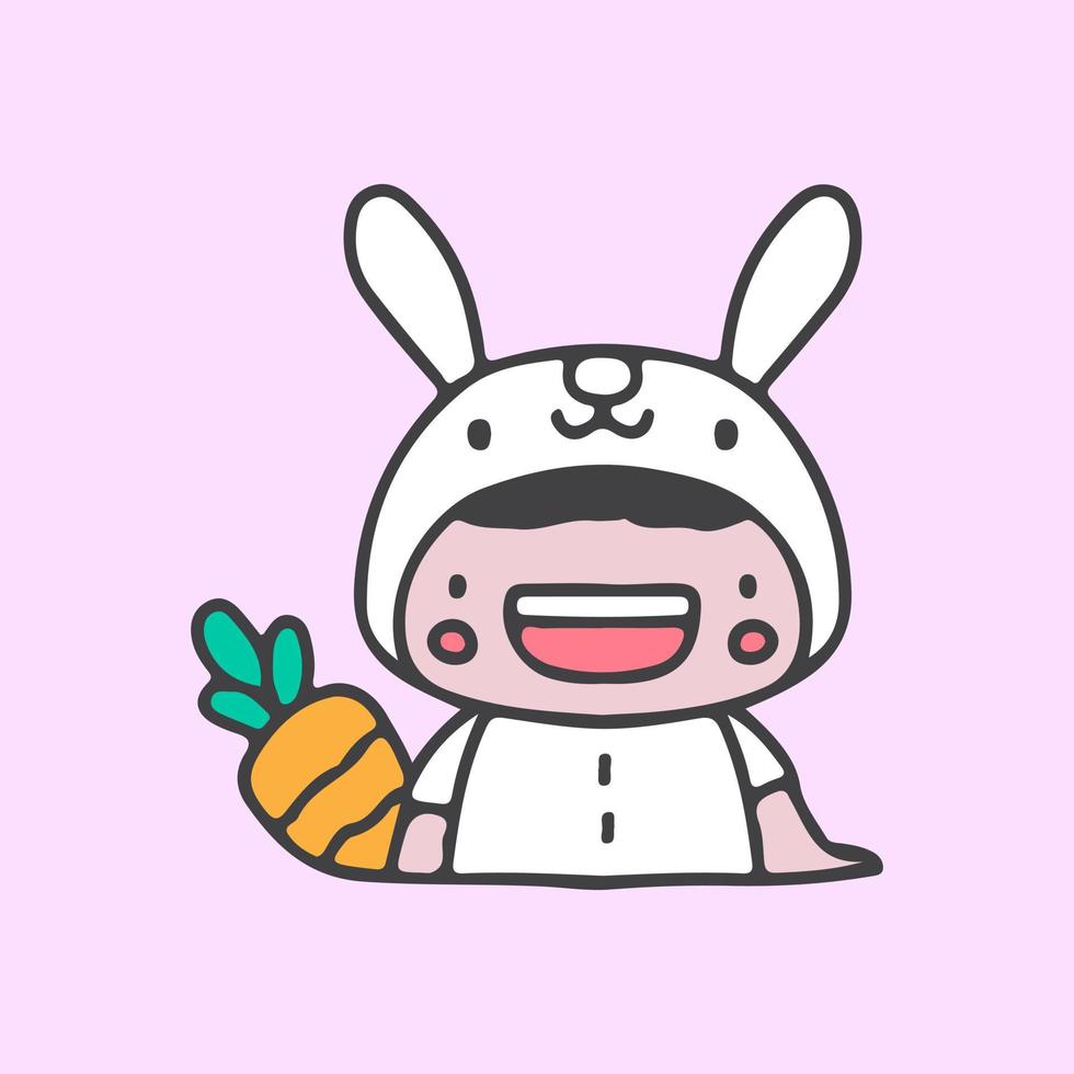 Cute happy kid with bunny costume and carrot illustration. Vector graphics for t-shirt prints and other uses.