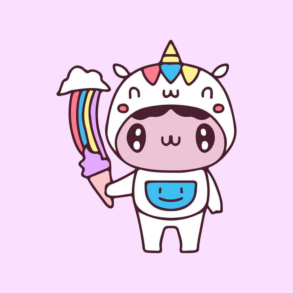 Kawaii kid with unicorn costume and holding rainbow ice cream illustration. Vector graphics for t-shirt prints and other uses.