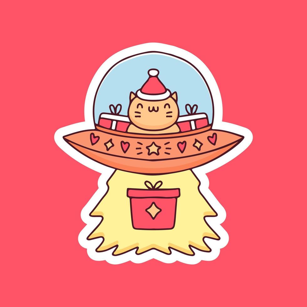 el gato usa la nave espacial del paseo del sombrero de santa con la ilustración del regalo de la Navidad. gráficos vectoriales para impresiones de merchandising y otros usos. vector