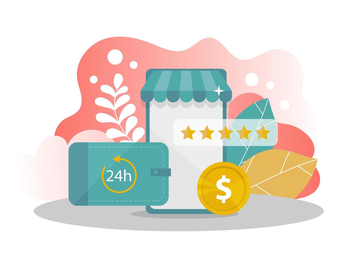 Online shopping. mobile phone with money, rating stars on modern background. vector