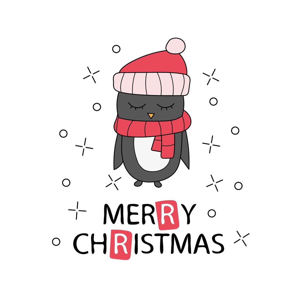 Hand drawn Christmas greeting card with pinguin. Lettering text Merry Christmas vector