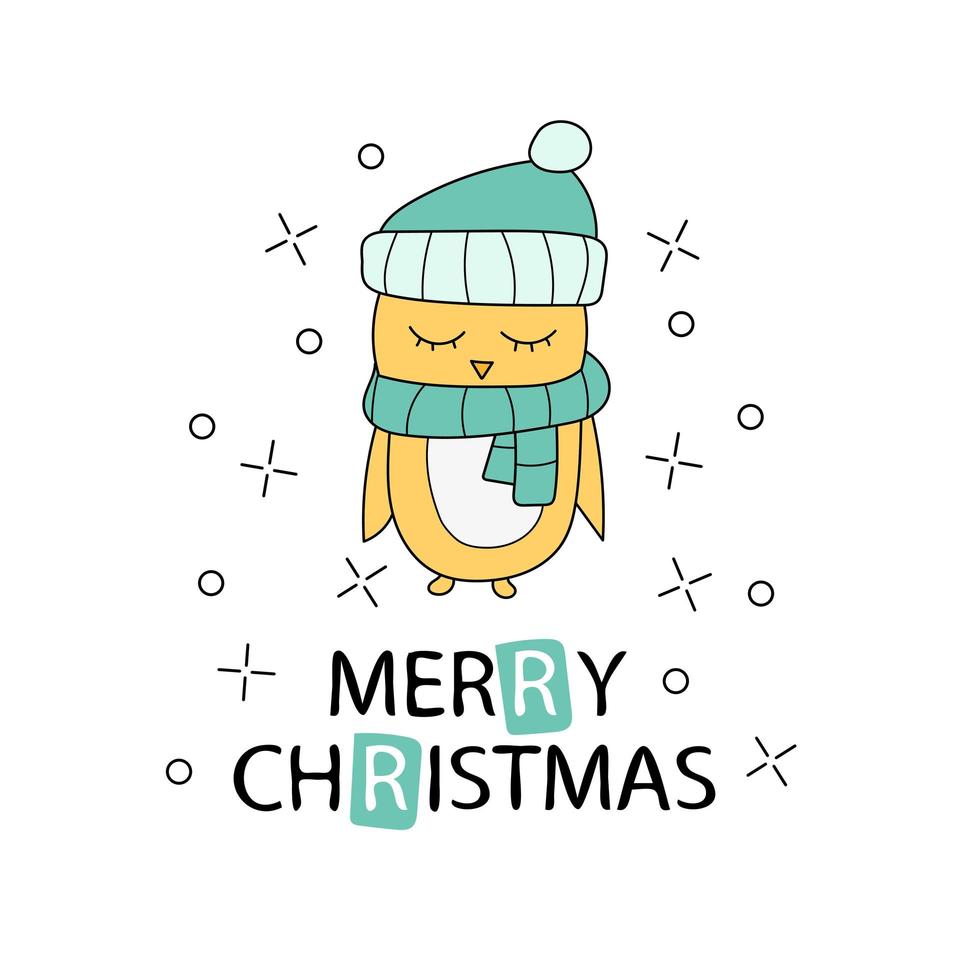 Merry Christmas greeting card with yellow chicken in scarf isolated on white vector