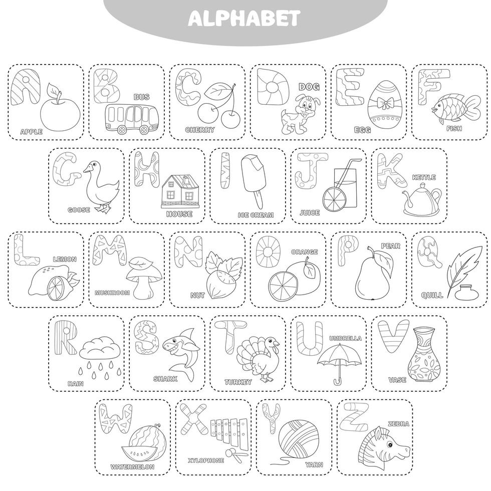 Coloring page. English alphabet with pictures and titles for children education vector