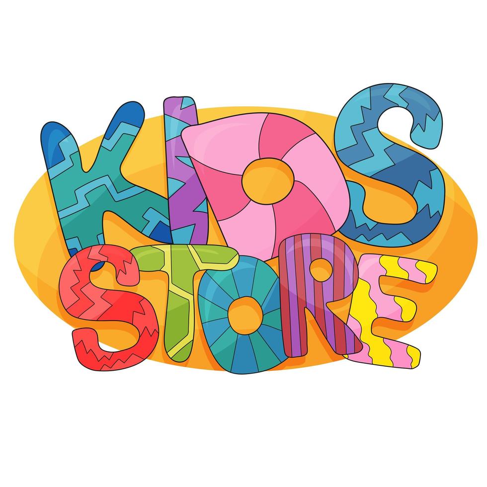 Kids store vector cartoon logo. Colorful bubble letters for childrens playroom