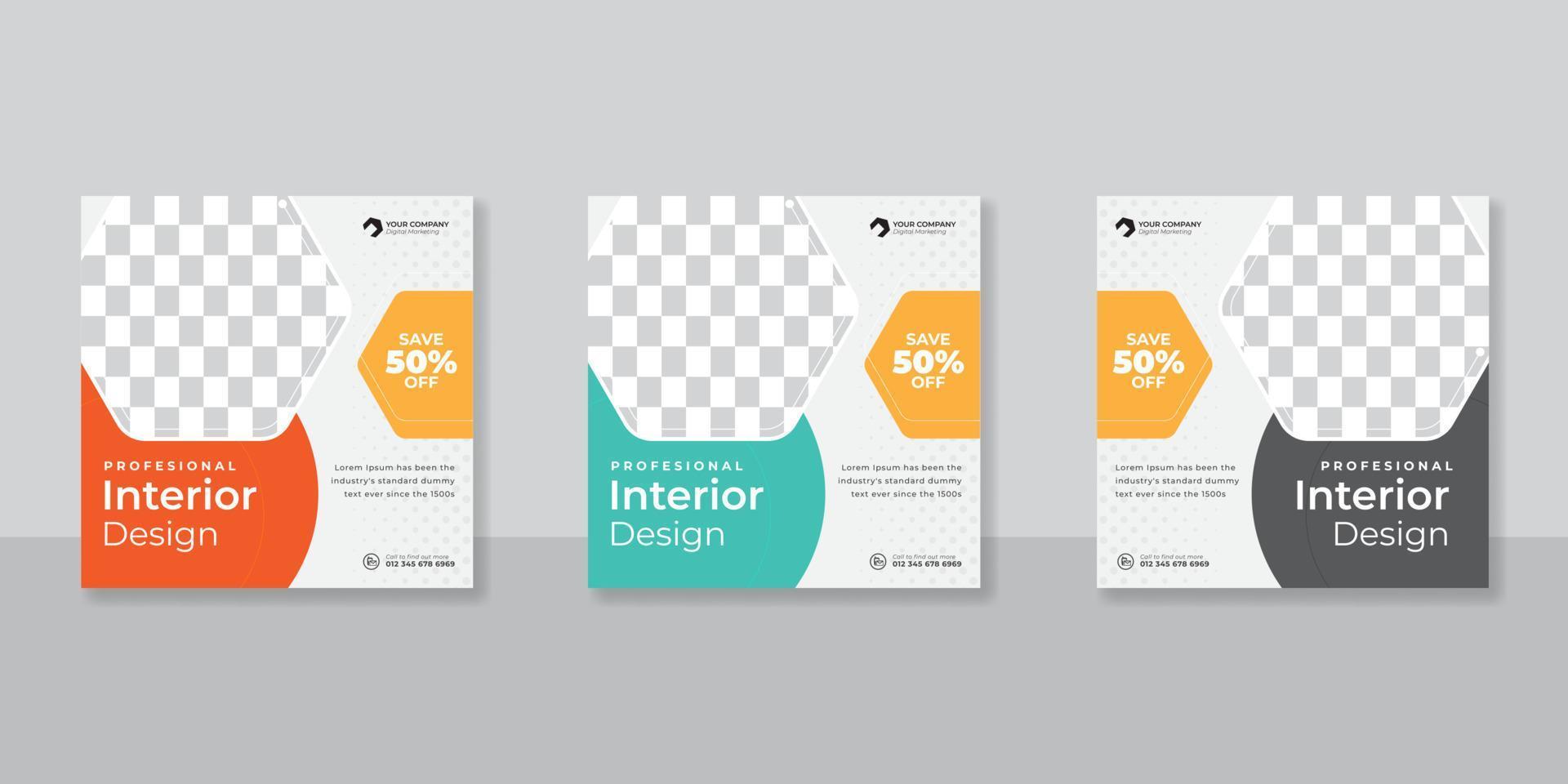 Modern interior social media post templates set vector