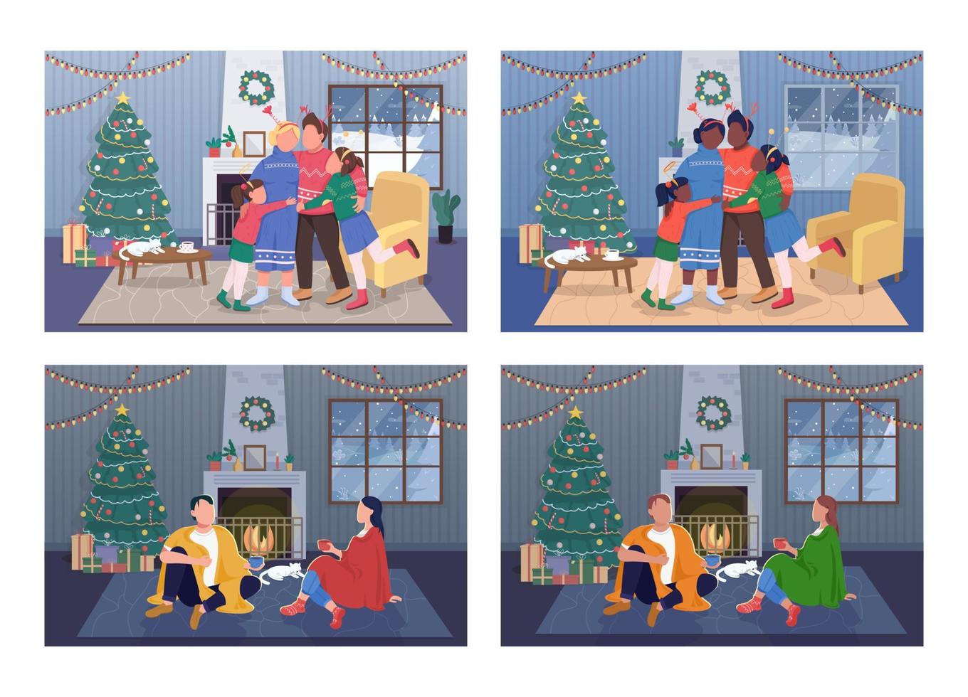 Celebrando la Navidad en casa conjunto de ilustración de vector de color plano. padres e hijos abrazándose. pareja sentada en la chimenea. Personajes de dibujos animados familiares 2d con interior en paquete de fondo