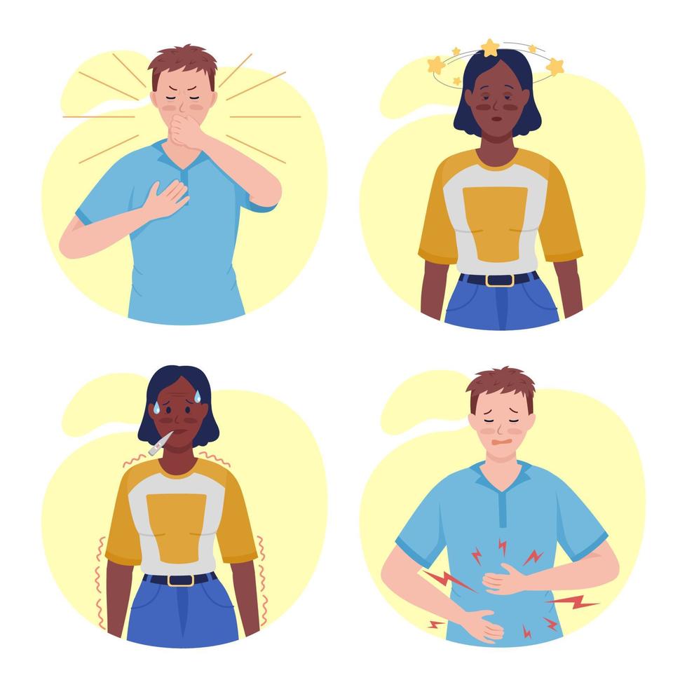 People with post covid syndrome semi flat color vector character set. Posing figure. Full body people on white. Health isolated modern cartoon style illustration for graphic design and animation pack