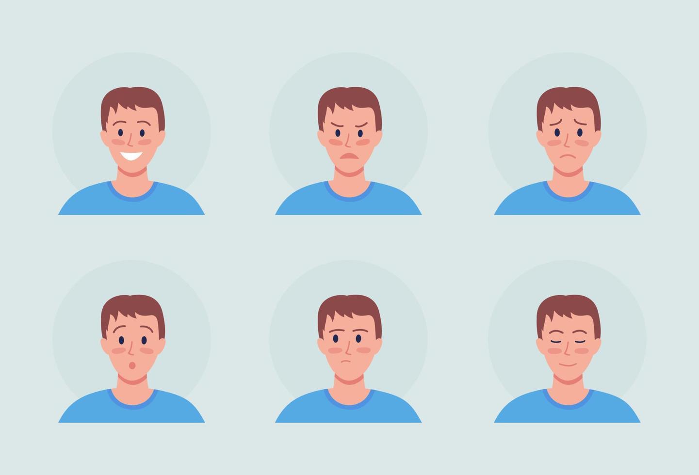 Young man with different emotions semi flat color vector character avatar set. Portrait from front view. Isolated modern cartoon style illustration for graphic design and animation pack