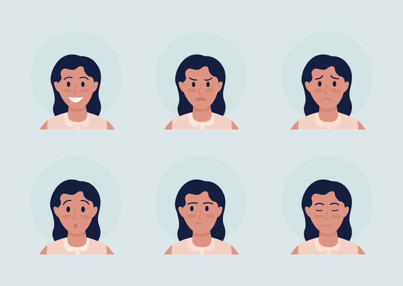 Girl with different emotions semi flat color vector character avatar set. Casual style. Portrait from front view. Isolated modern cartoon style illustration for graphic design and animation pack