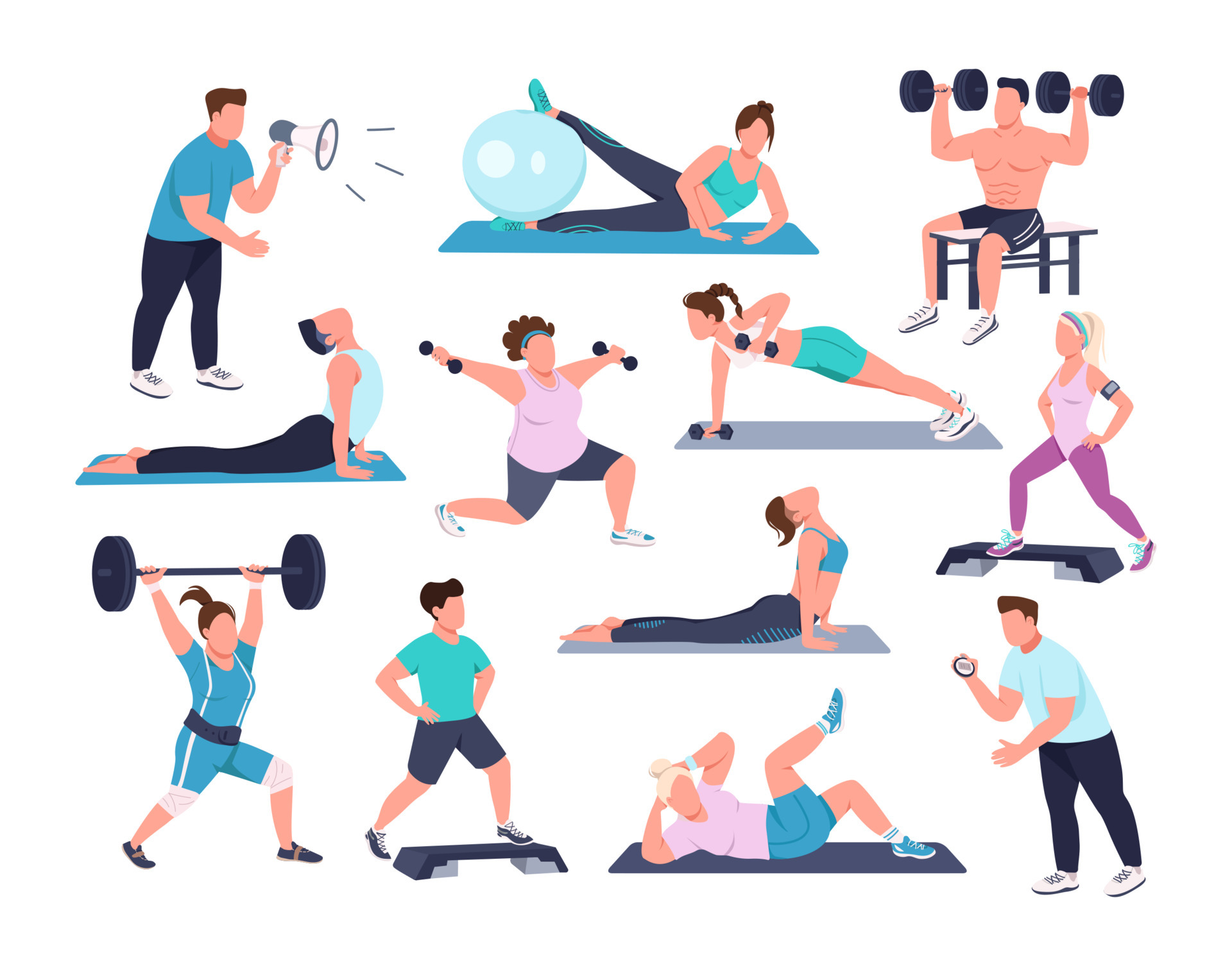 Gym exercise semi flat color vector character set. Posing figures