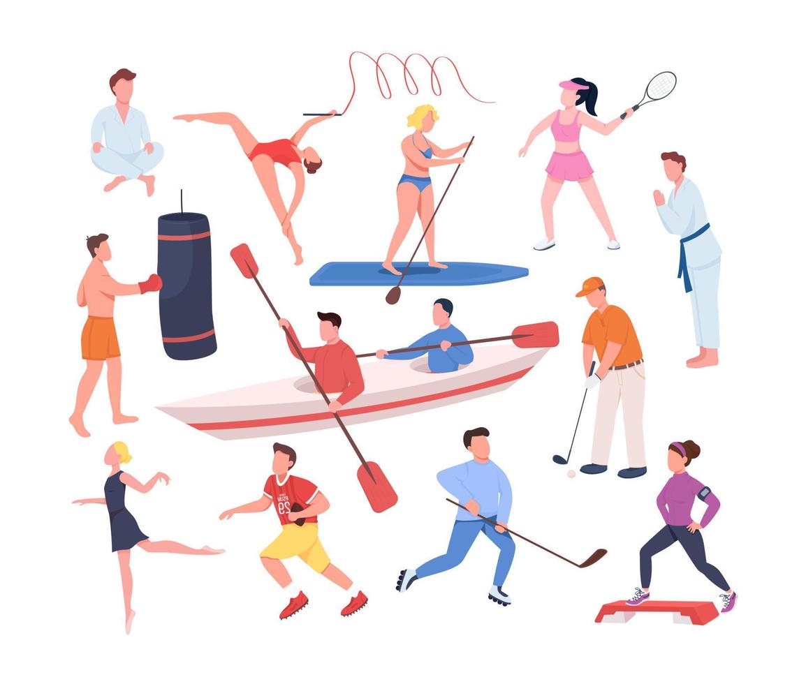 juegos deportivos juego de caracteres vectoriales de color semi plano. posando figuras. personas de cuerpo entero en blanco. actividad aislada ilustración de estilo de dibujos animados moderno para diseño gráfico y colección de animación vector