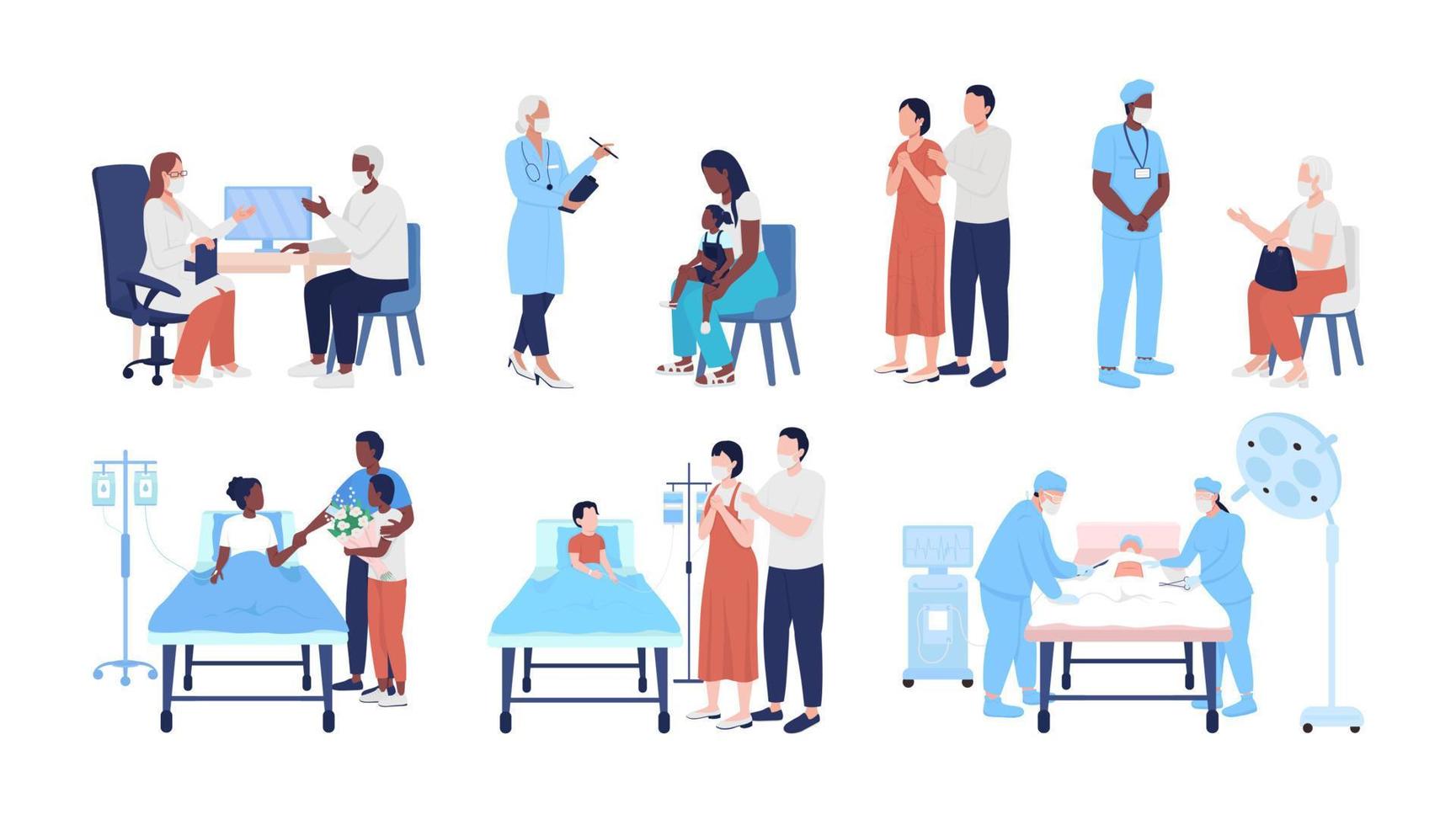Hospital procedures semi flat color vector character set. Posing figures. Full body people on white. Medicine isolated modern cartoon style illustration for graphic design and animation collection