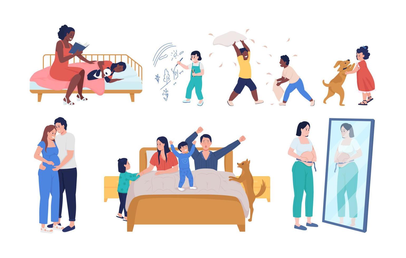 Family lifestyle semi flat color vector character set. Posing figures. Full body people on white. Lifestyle isolated modern cartoon style illustration for graphic design and animation collection