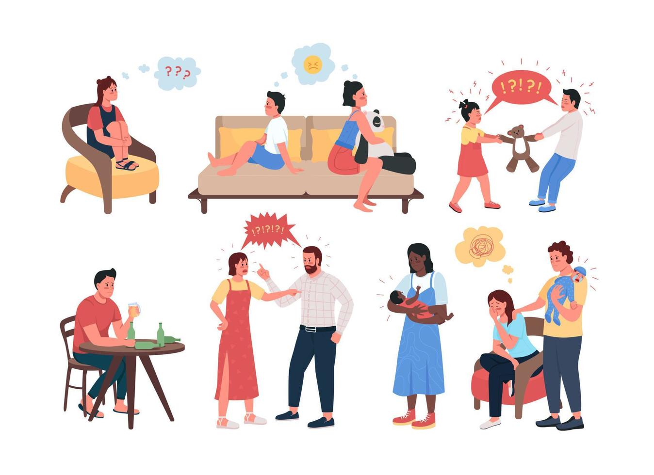 Family conflict semi flat color vector character set. Posing figures. Full body people on white. Relatives isolated modern cartoon style illustration for graphic design and animation collection