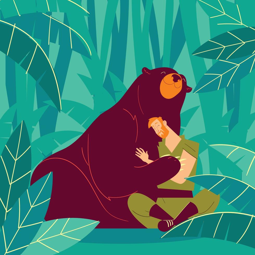 Un cuidador del zoológico abraza a un oso pardo vector