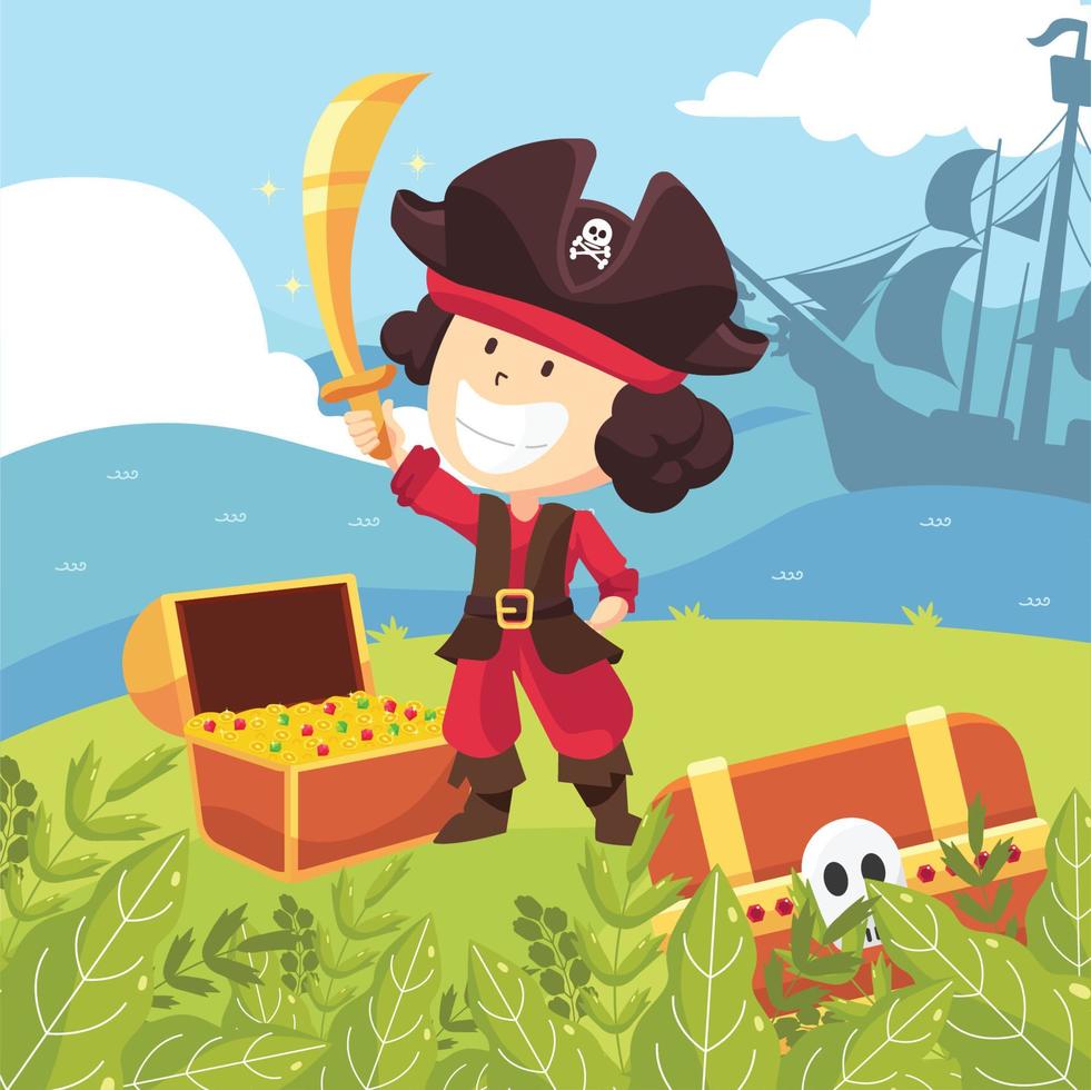 niño pirata encuentra un tesoro vector