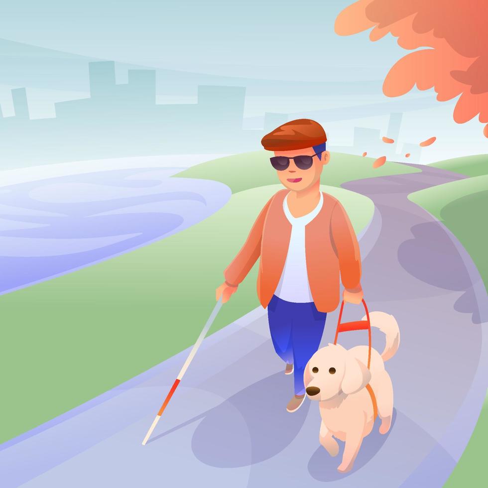 Blind Man Walking with Dog at City Park vector