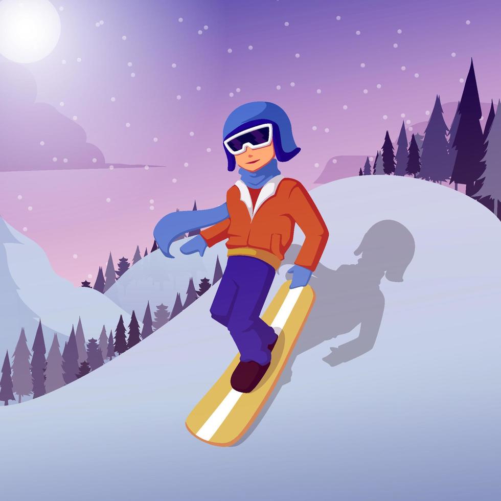 niño jugando snowboard en la montaña vector