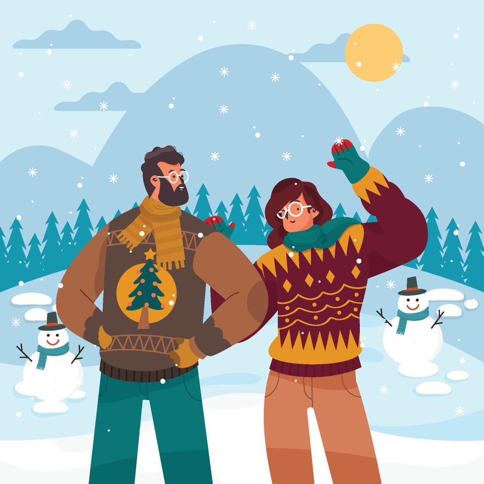 Man And Woman Wear Ugly Sweater Enjoy Christmas vector