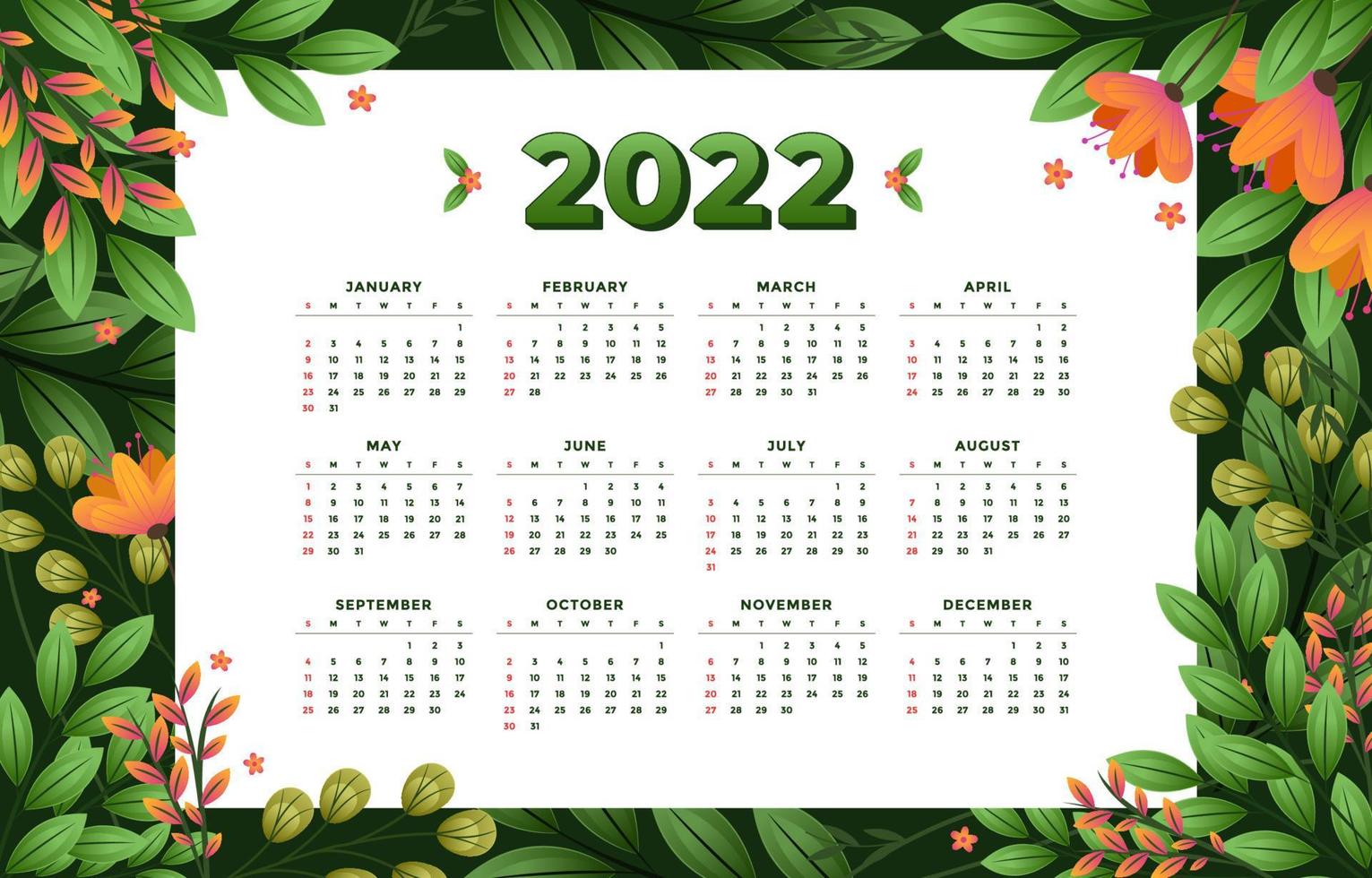 plantilla de calendario 2022 con fondo floral vector