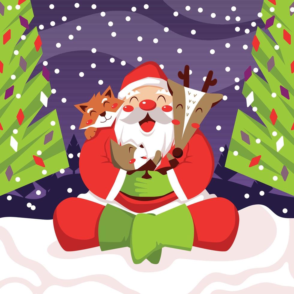 santa claus con santa paws durante la caída de nieve vector