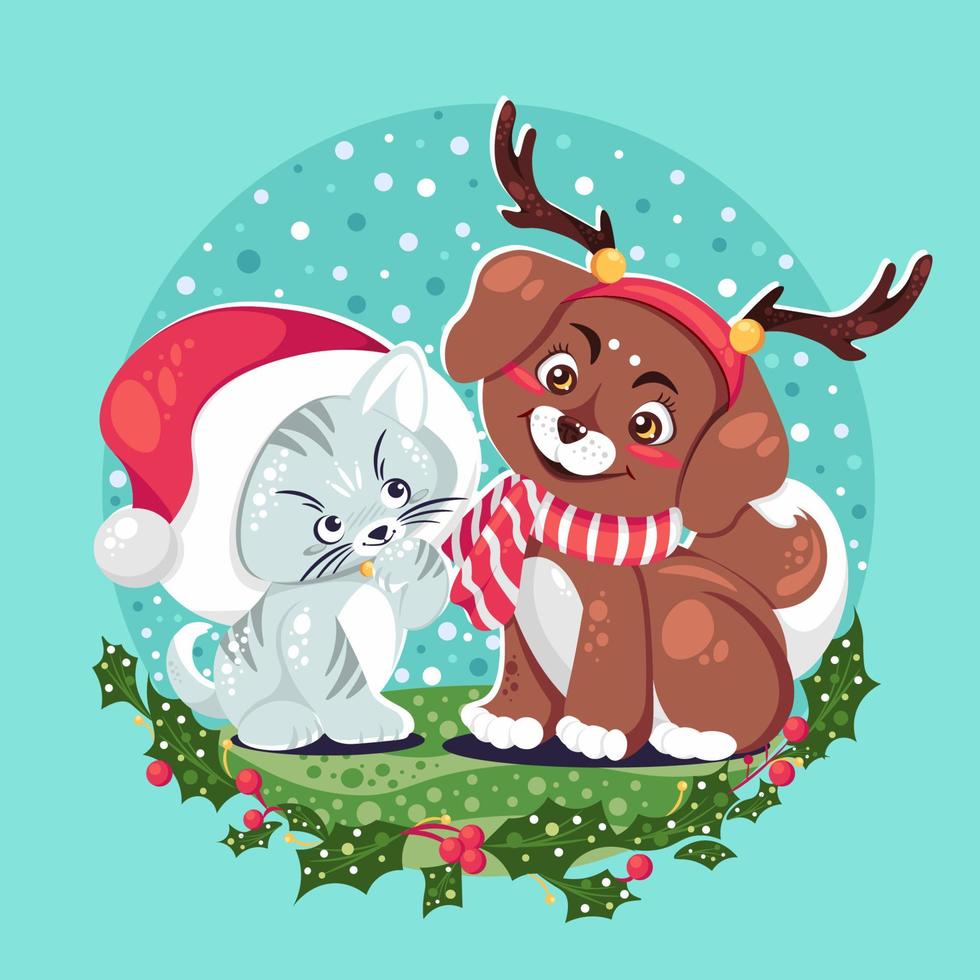 Dog and Cat Dress Up for Christmas Party vector