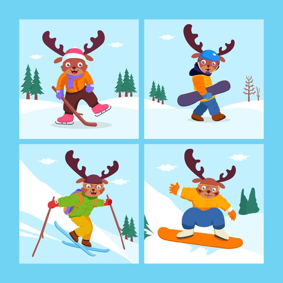 Cute Reindeers Kids Character Playing Sport on Winter vector