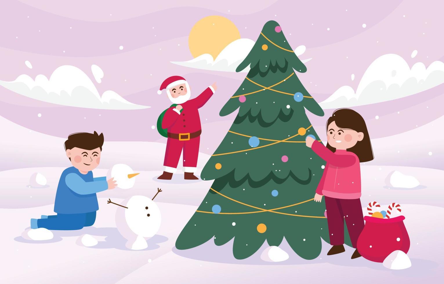 Christmas Snow Scene with Happy Kids vector