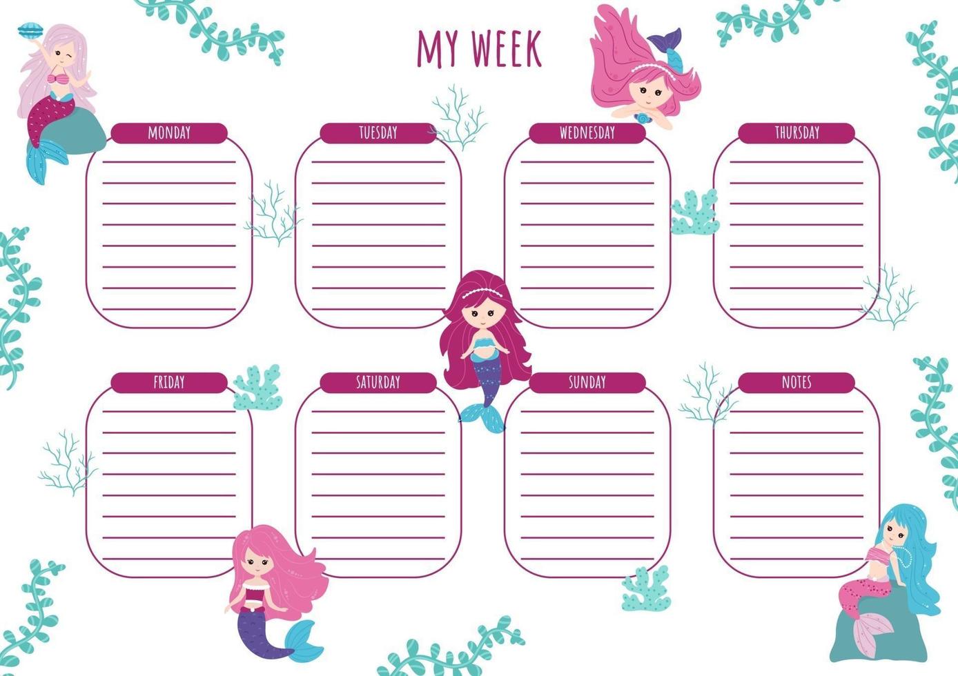 Weekly planner with elements of the underwater world. Vector, cartoon vector