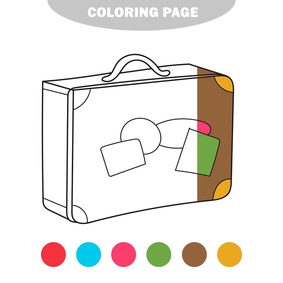 simple página para colorear. libro de colorear para niños, maleta con pegatinas vector